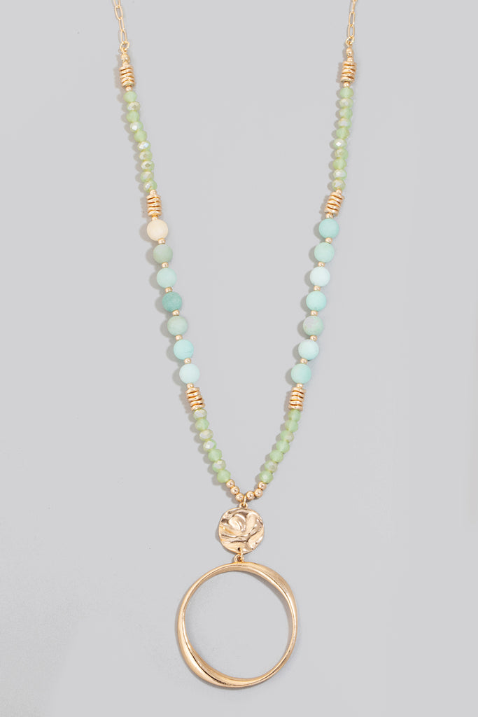 Long Beaded and Circle Pendant Necklace in Gold (Assorted Colors)
