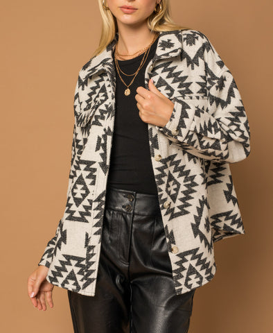 Aria Aztec Print Button Down Short Fur Jacket in Brown Multi