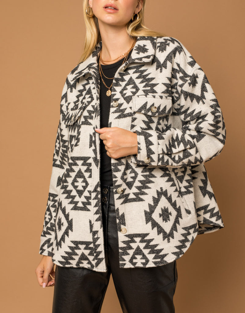 Tessa Aztec Print Shacket in Black and Cream