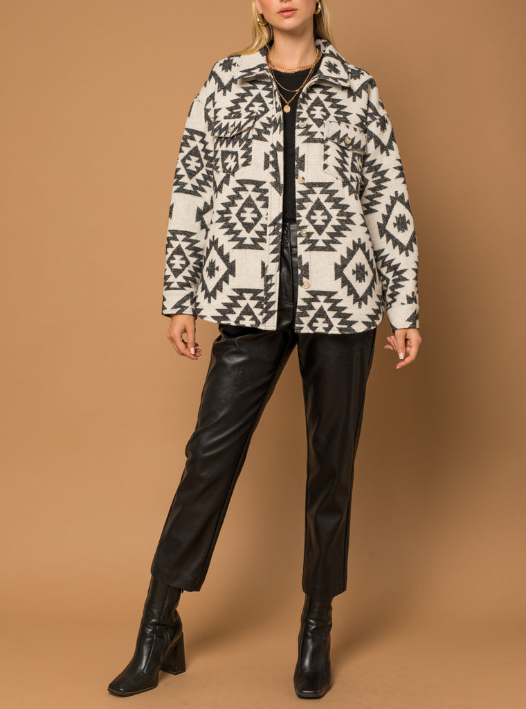 Tessa Aztec Print Shacket in Black and Cream
