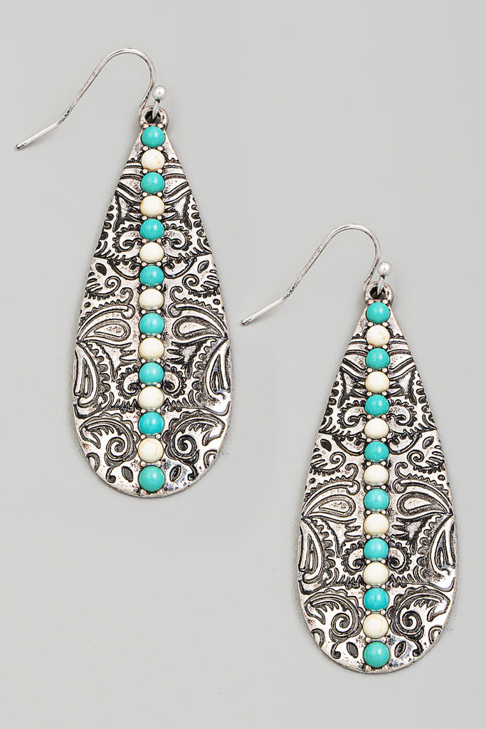 Teardrop Silver Engraved Drop Earrings With Turquoise/Ivory Beaded Accents