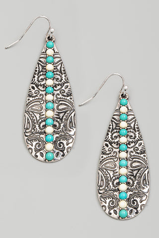 Teardrop Silver Engraved Drop Earrings With Turquoise Beaded Accents
