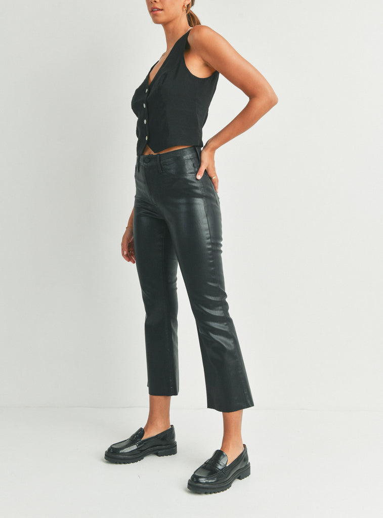 Edgy Flare Cropped Black Leather Pants