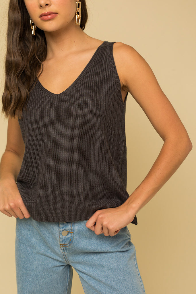 Tempo V Neck Knit Tank In Charcoal