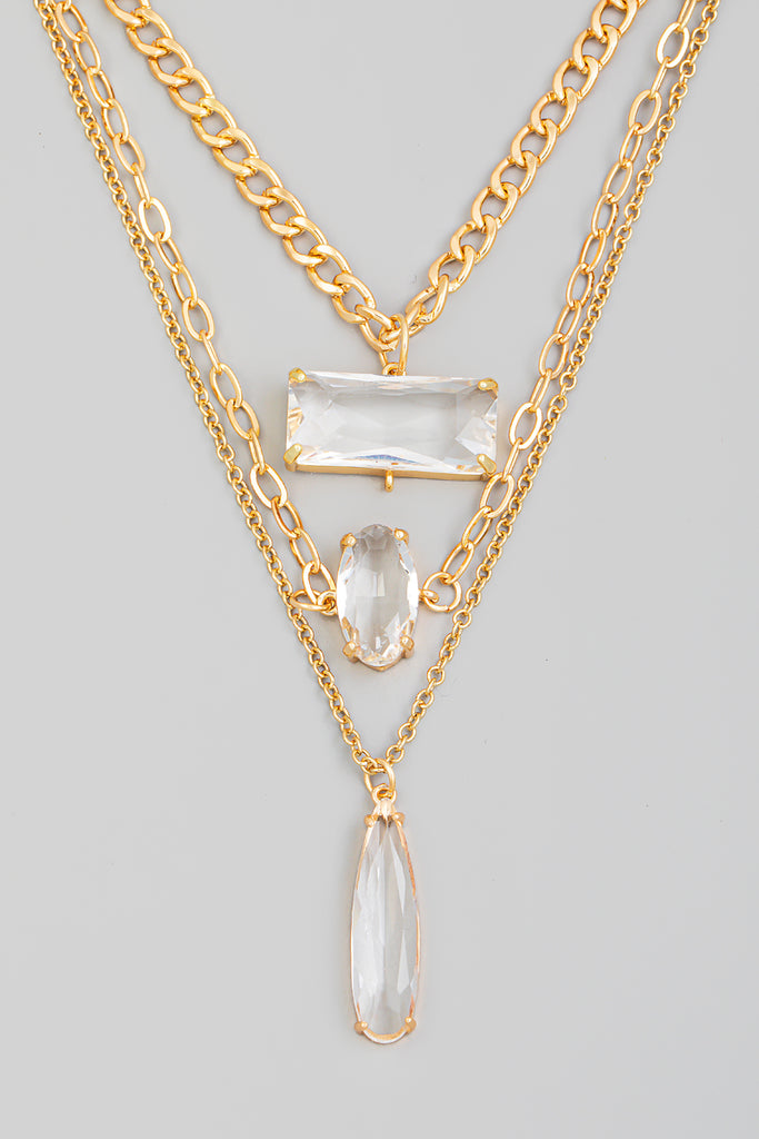 Multiple Layer Necklace with Rhinestone Pendants in Gold