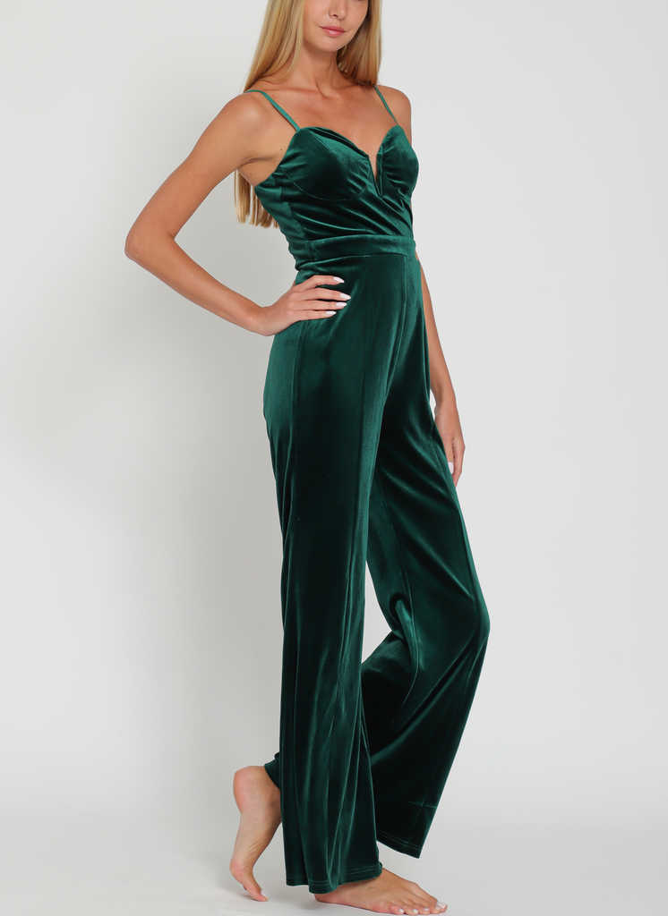 Emerald Elegance Velvet Jumpsuit in Hunter Green