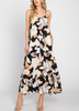 Malibu Ruffle Hem Graphic Floral Printed Midi Dress In Black/Taupe Multi