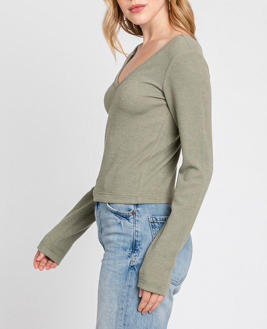 Cozy Me Ribbed Deep V-Neck Long Sleeve Crop Top in Vintage Olive