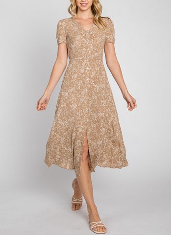 Perfectly Spotted Button Down With Shirring Detailed Midi Dress In Tan