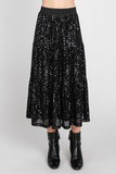 Disco Night Sequin Tiered Midi Skirt in Black