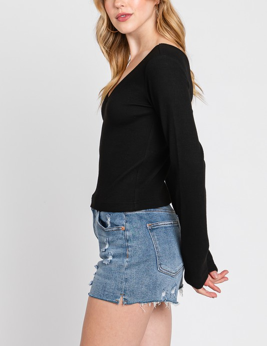 Cozy Me Ribbed Deep V-Neck Long Sleeve Crop Top in Black