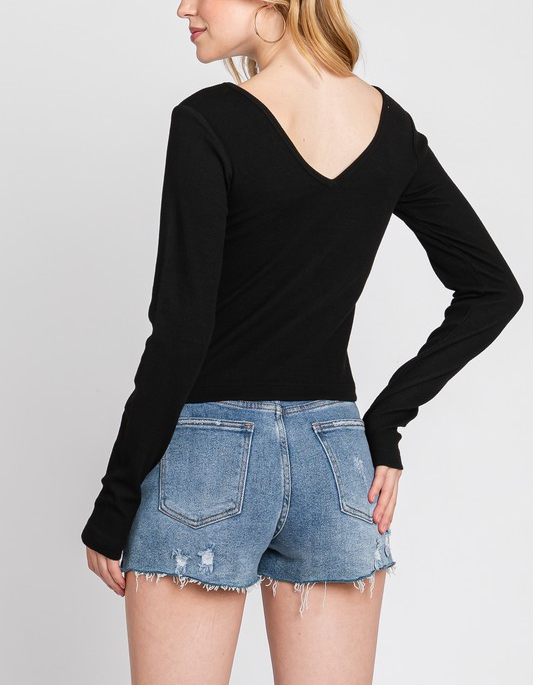 Cozy Me Ribbed Deep V-Neck Long Sleeve Crop Top in Black