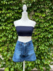 Go The Distance High Waisted Utility Pocket Dark Denim Shorts