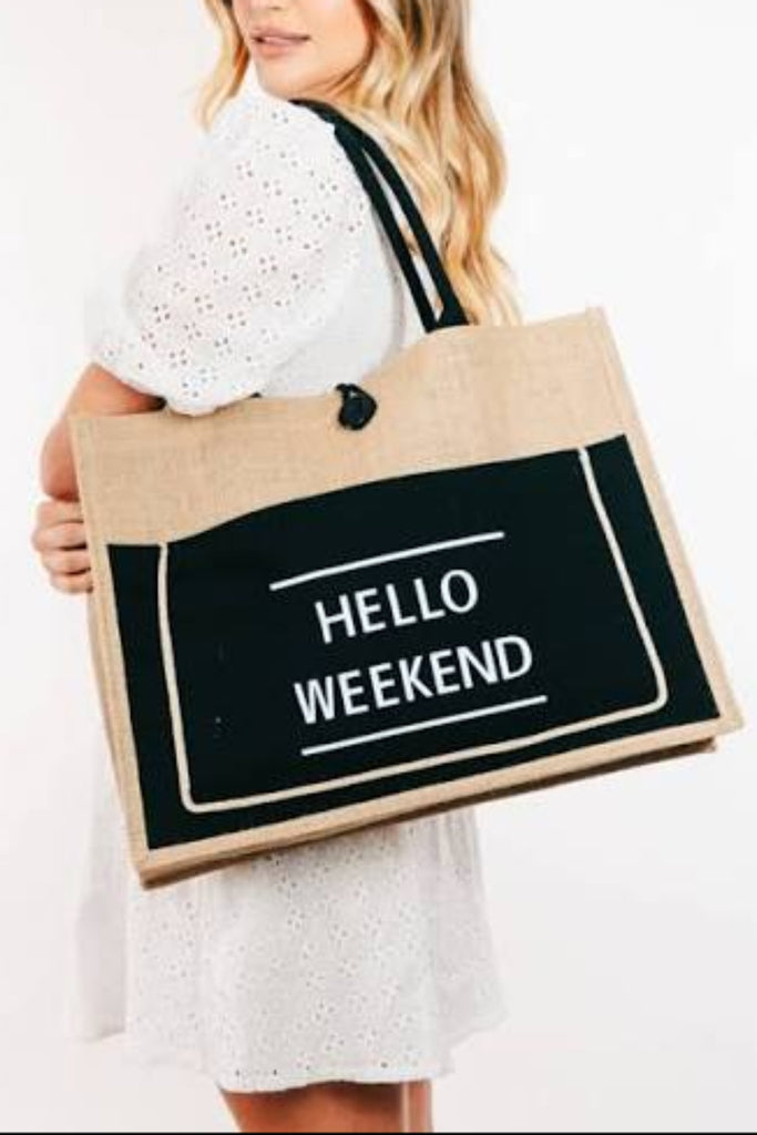 Hello Weekend Burlap Tote Bag