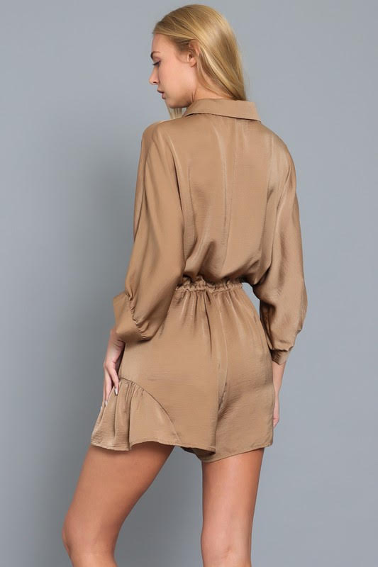 On the Town Satin Button Up Romper in Brown