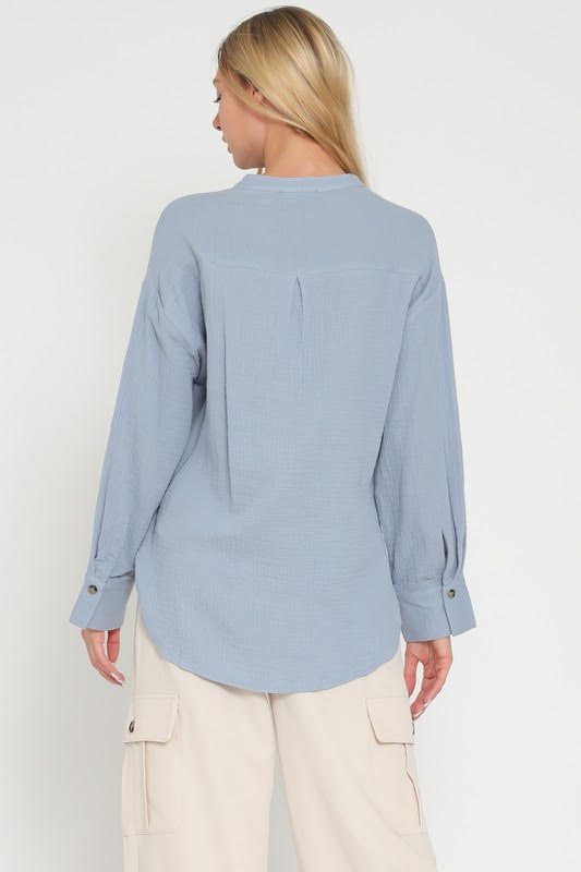 BEYOND THE SEA LONG SLEEVE LINEN BUTTON UP TOP BLUE