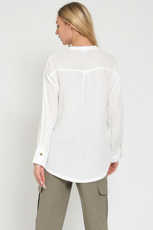 BEYOND THE SEA LONG SLEEVE LINEN BUTTON UP TOP CREAM
