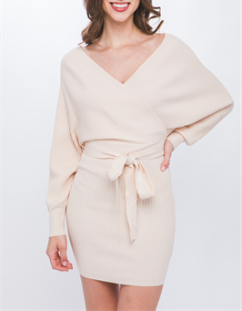 Kellie Long Sleeve Sweater Dress with Wrap in Nude