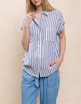 Suzie Striped Button Up T-Shirt Blue and White