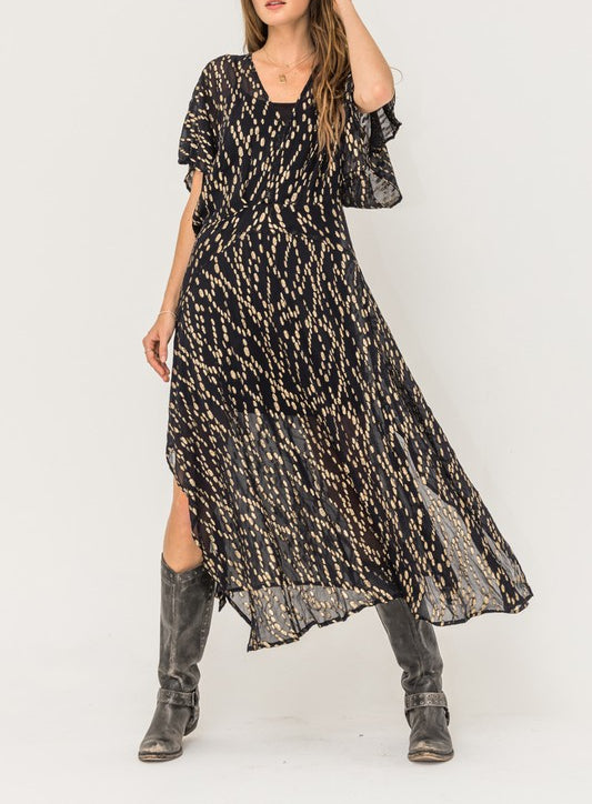 Before Sunrise V-Neck Black & Gold Sheer Maxi Dress