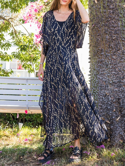 Before Sunrise V-Neck Black & Gold Sheer Maxi Dress