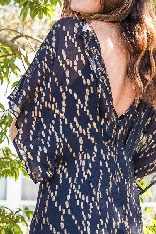 Before Sunrise V-Neck Black & Gold Sheer Maxi Dress