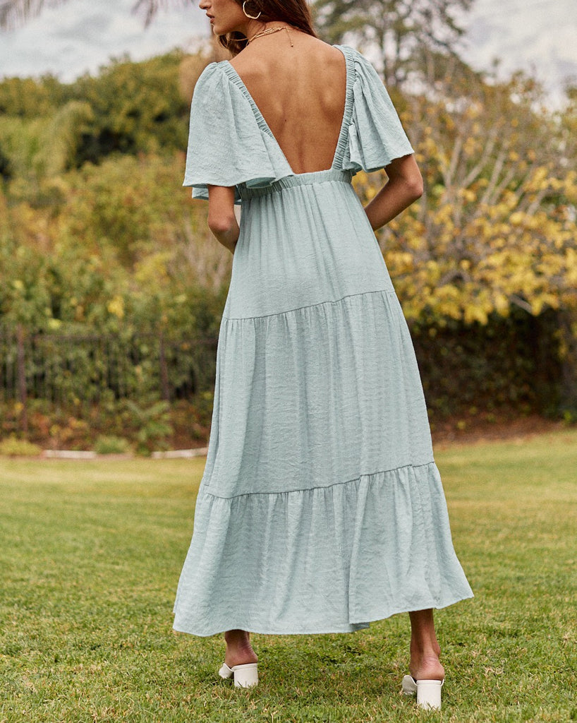 So Serene Maxi Dress With Flutter Sleeves In Dusty Sage