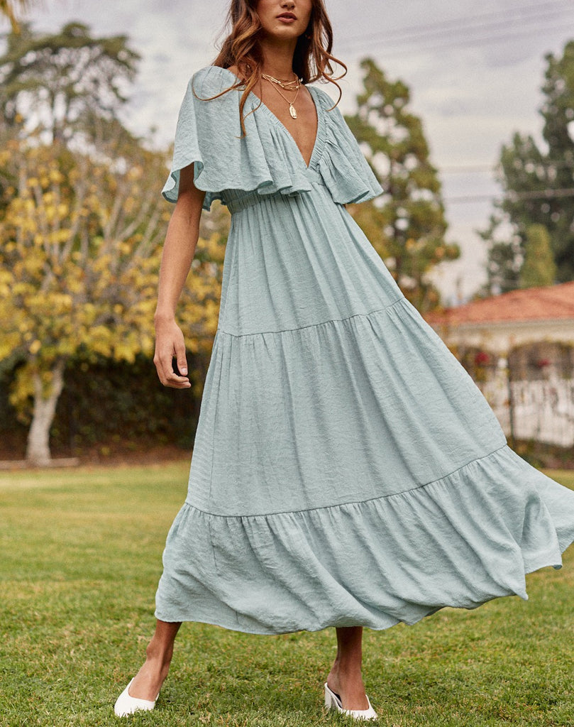 So Serene Maxi Dress With Flutter Sleeves In Dusty Sage