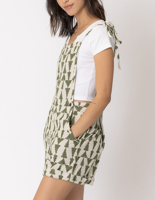 Sasha Cream And Olive Geometric Printed Knot Shoulder Romper