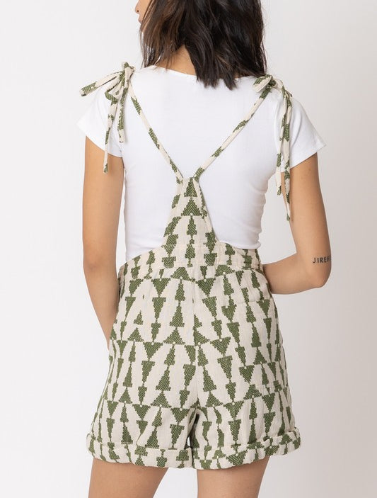 Sasha Cream And Olive Geometric Printed Knot Shoulder Romper