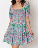 Remi Abstract Printed Smocked Puff Sleeve Dress In Blue/Pink Multi