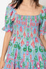 Remi Abstract Printed Smocked Puff Sleeve Dress In Blue/Pink Multi