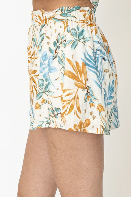 Cast Away Tropical Printed Cropped Top And Short Set In Cream/Blue Multi