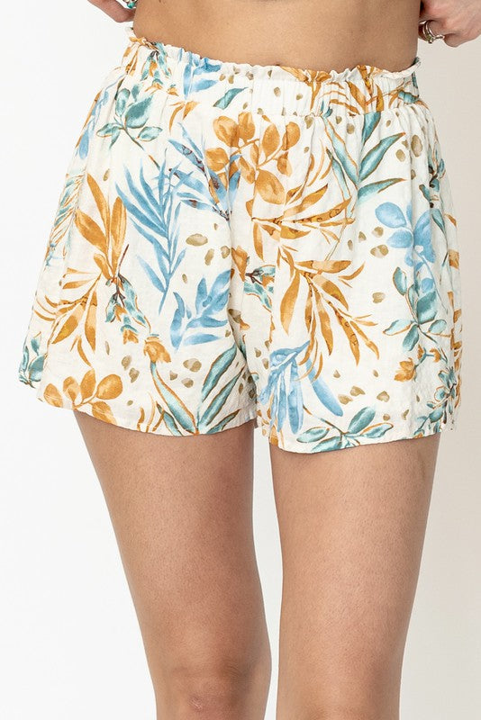 Cast Away Tropical Printed Cropped Top And Short Set In Cream/Blue Multi