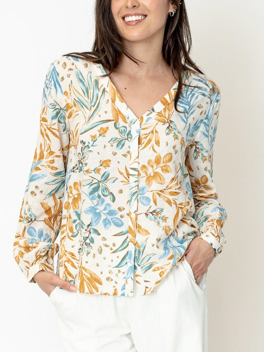 Feeling Floral Tropical Printed V Neck Button Down Blouse In Cream/Blue Multi
