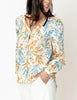 Feeling Floral Tropical Printed V Neck Button Down Blouse In Cream/Blue Multi