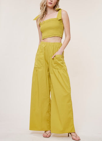 Lillie Strapless Wide Leg Tropical Printed Jumpsuit In Olive Green