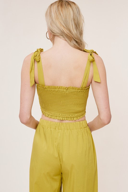 It Takes Two Smocked Top And Wide Leg Pant Set In Pistachio