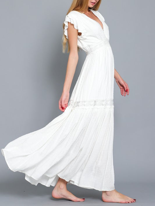 Bliss Ruffle Sleeve Lace Trim Detailing Ivory Maxi Dress
