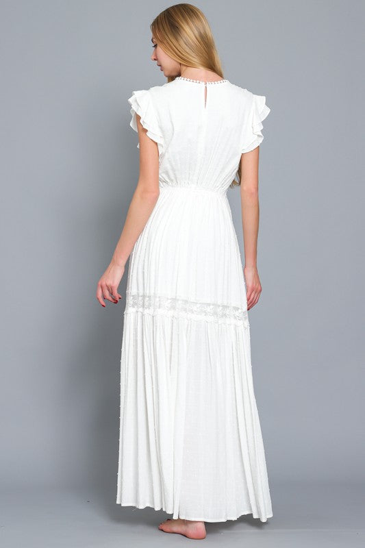 Bliss Ruffle Sleeve Lace Trim Detailing Ivory Maxi Dress