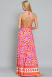Hibiscus V Neck Halter Open Back Floral Printed Tiered Maxi Dress In Pink/Orange Multi