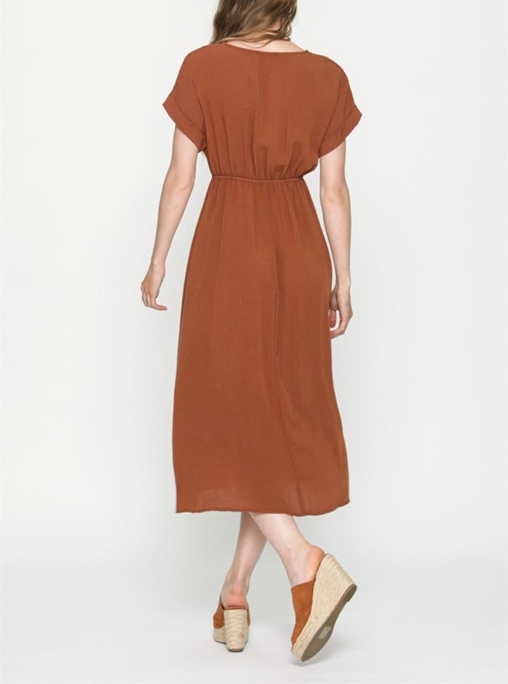 Holding You Close Short Sleeve Terra Cotta Midi Dress