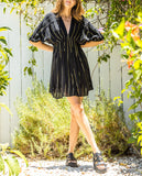 Adrianna Black & Gold Striped V-Neck Mini Dress