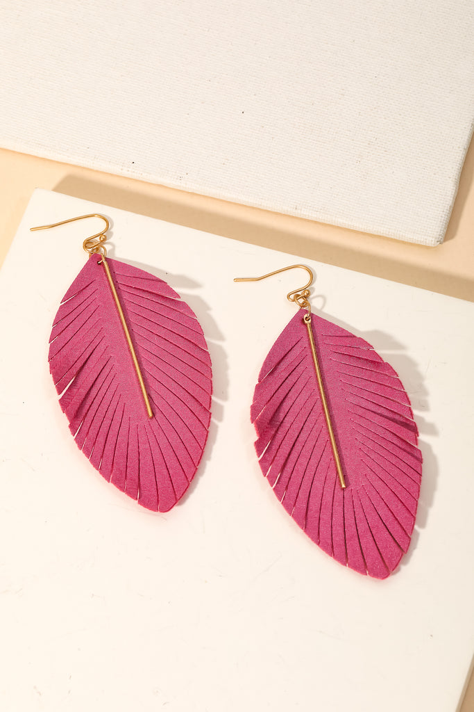 Feather Leaf Earring With Gold Bar In Magenta