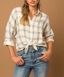 Perfect In Plaid White And Grey Button Down Blouse