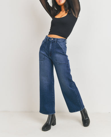 Stay Awhile High Rise Wide Leg Pants In Walnut With Contrast Stitching