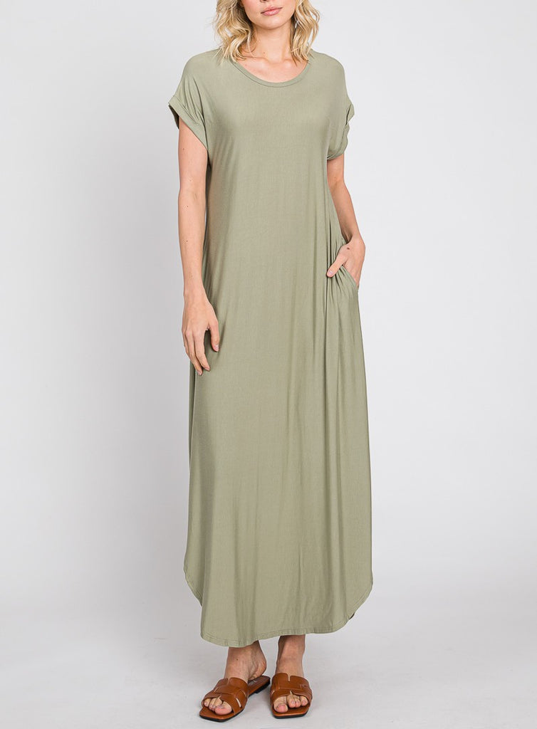 Make You Mine Crew Neck T Shirt Maxi Dress In Pale Olive