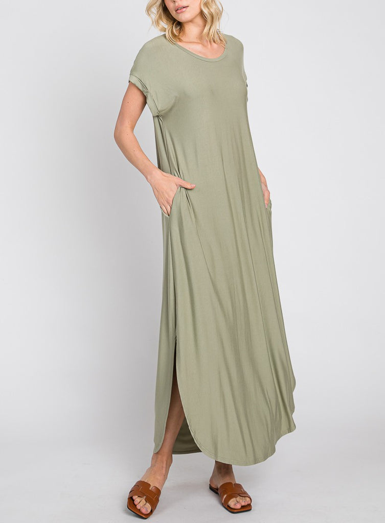 Make You Mine Crew Neck T Shirt Maxi Dress In Pale Olive