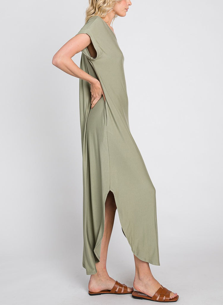 Make You Mine Crew Neck T Shirt Maxi Dress In Pale Olive