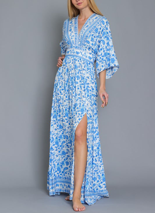 Finer Things Blue Floral Printed Bohemian Kimono Sleeve Gown